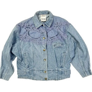 Vtg Denim Jacket Womens Medium Cropped Lace Boho Western 80s Rodeo Jean Boxy